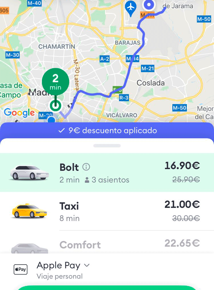 Bolt inicia su servicio de taxis y VTC en Madrid
